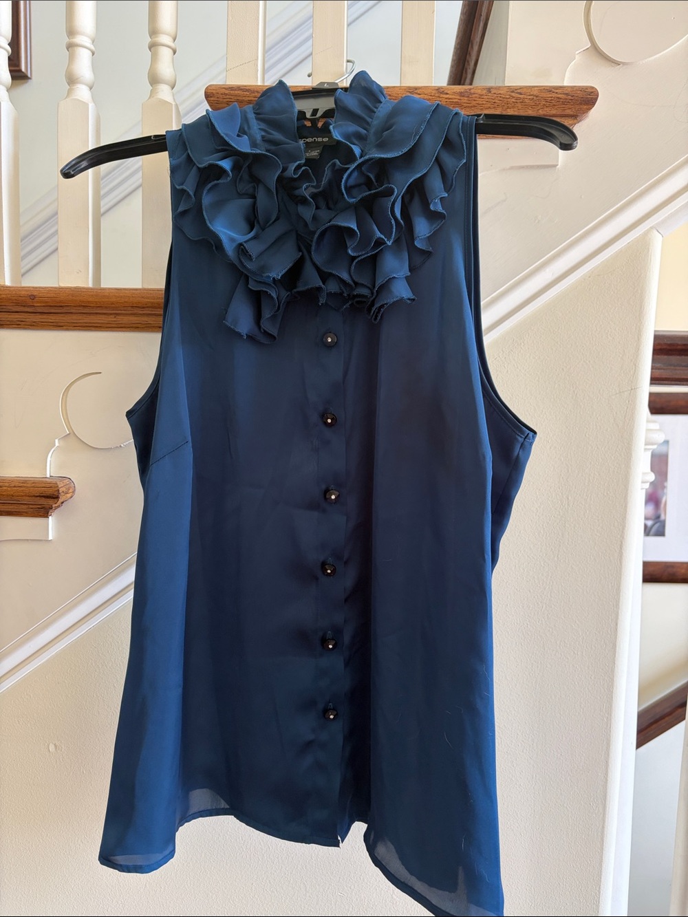 Spense Navy Ruffle Collar Sleeveless Button-Front Blouse